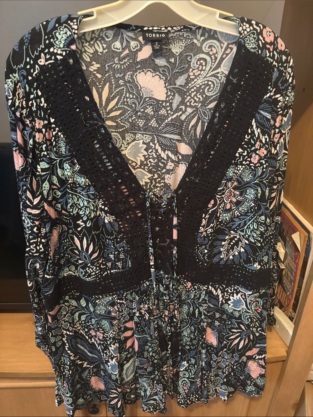torrid Black Floral Paisley Crochet-Trim Tunic with Pastel Accents